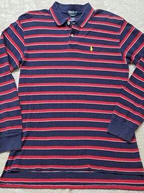Polo Ralph Lauren Shirt Boys Large 16/18 Blue Red Stripe Rugby Polo Long Sleeve
